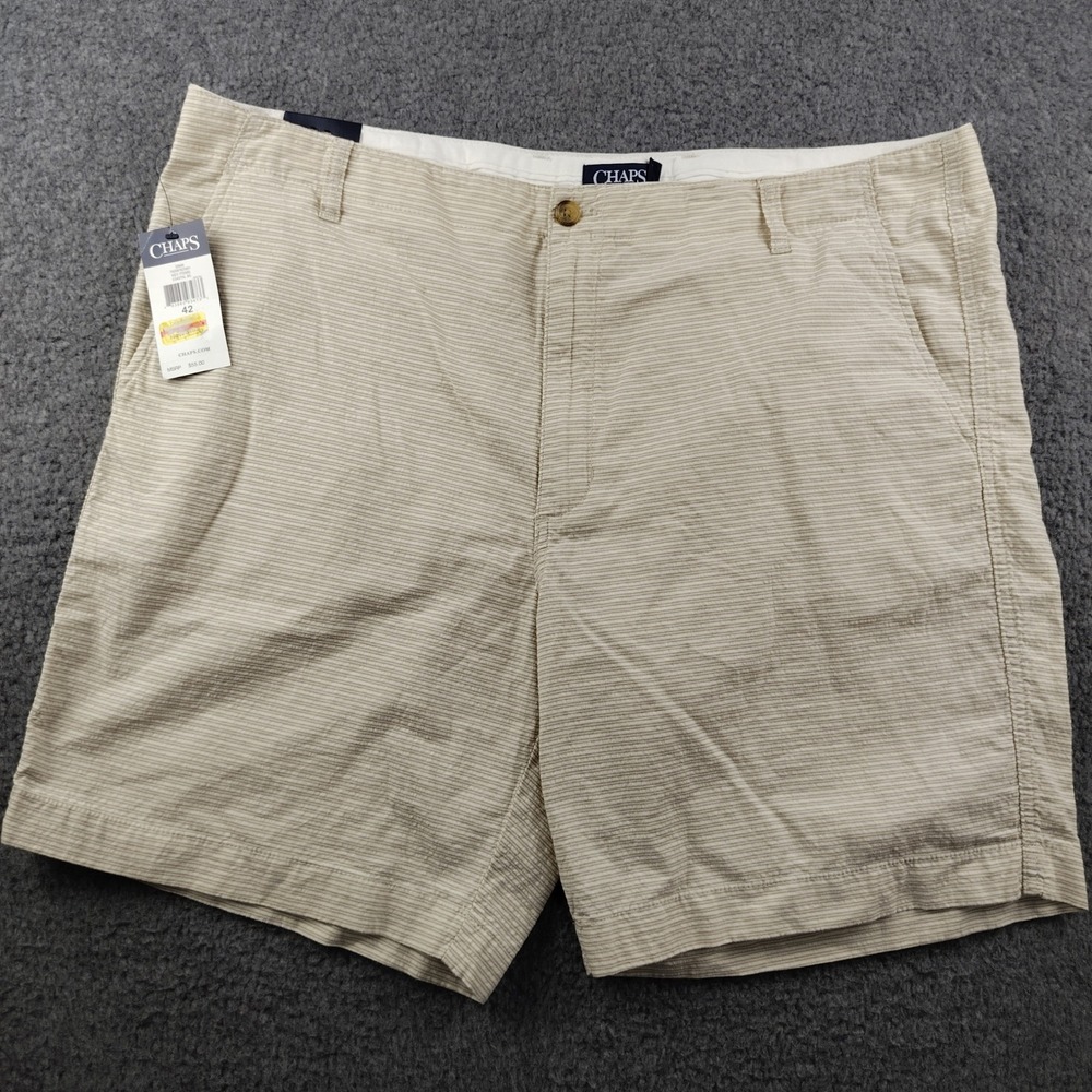 Chaps Mens Seersucker Flat Front Shorts Tan White Striped Cotton Size 42 NWT
